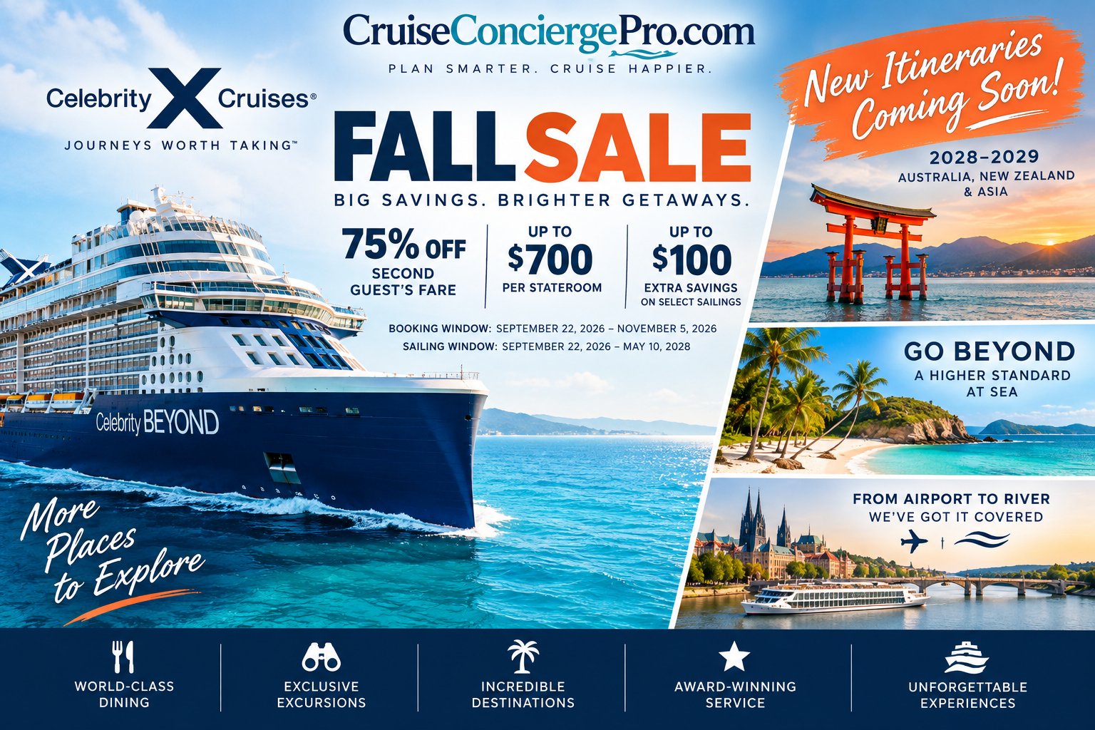 Celebrity Cruises Fall Sale promotional graphic featuring Celebrity Beyond sailing near a coastline, with 75 percent off second guest fare, up to $700 per stateroom, and up to $100 extra savings on select sailings