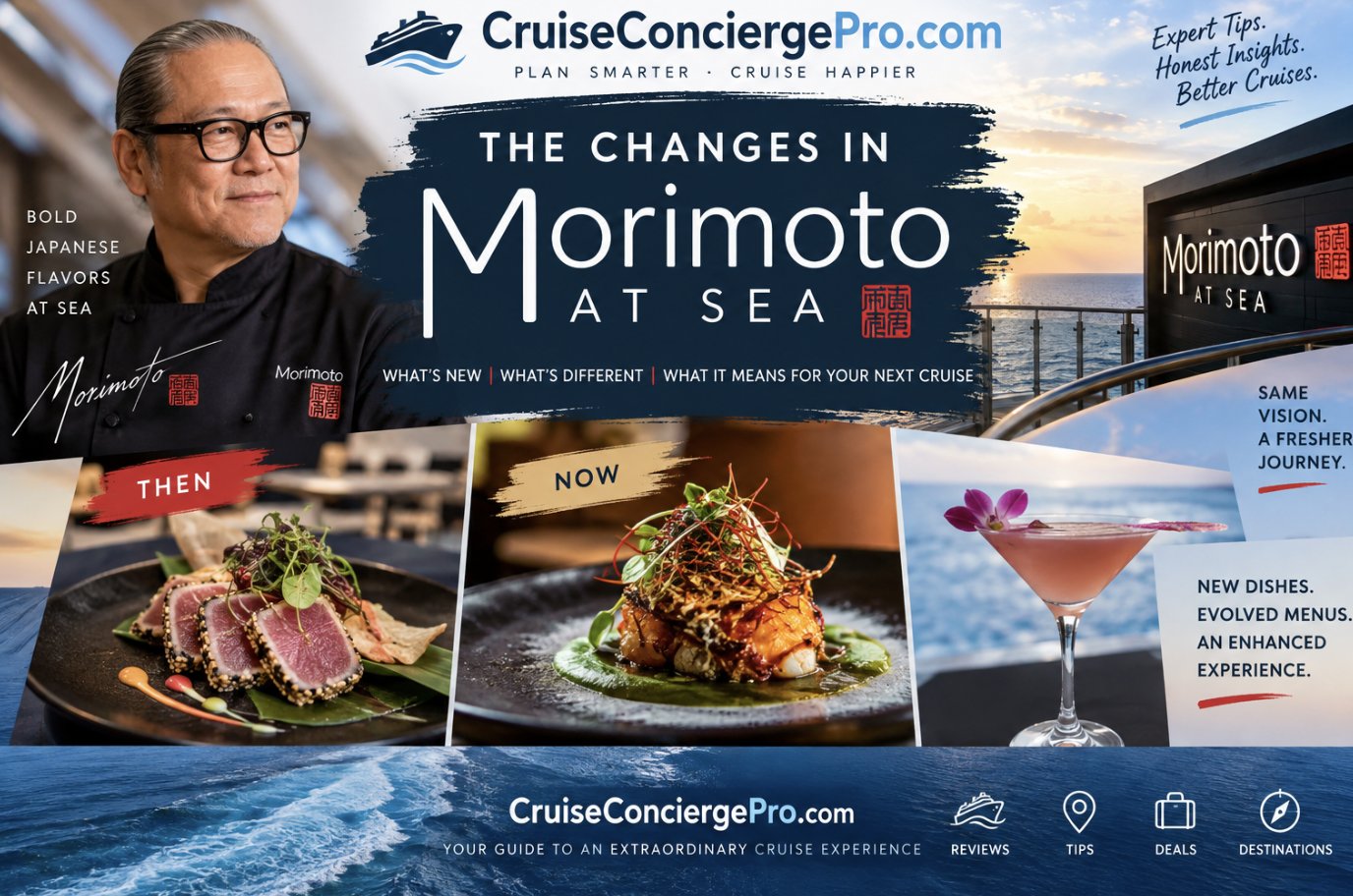 Promotional graphic for Morimoto at Sea on Holland America Line, featuring Chef Morimoto and a side-by-side comparison of a 'then' tuna dish and a 'now' refreshed dish