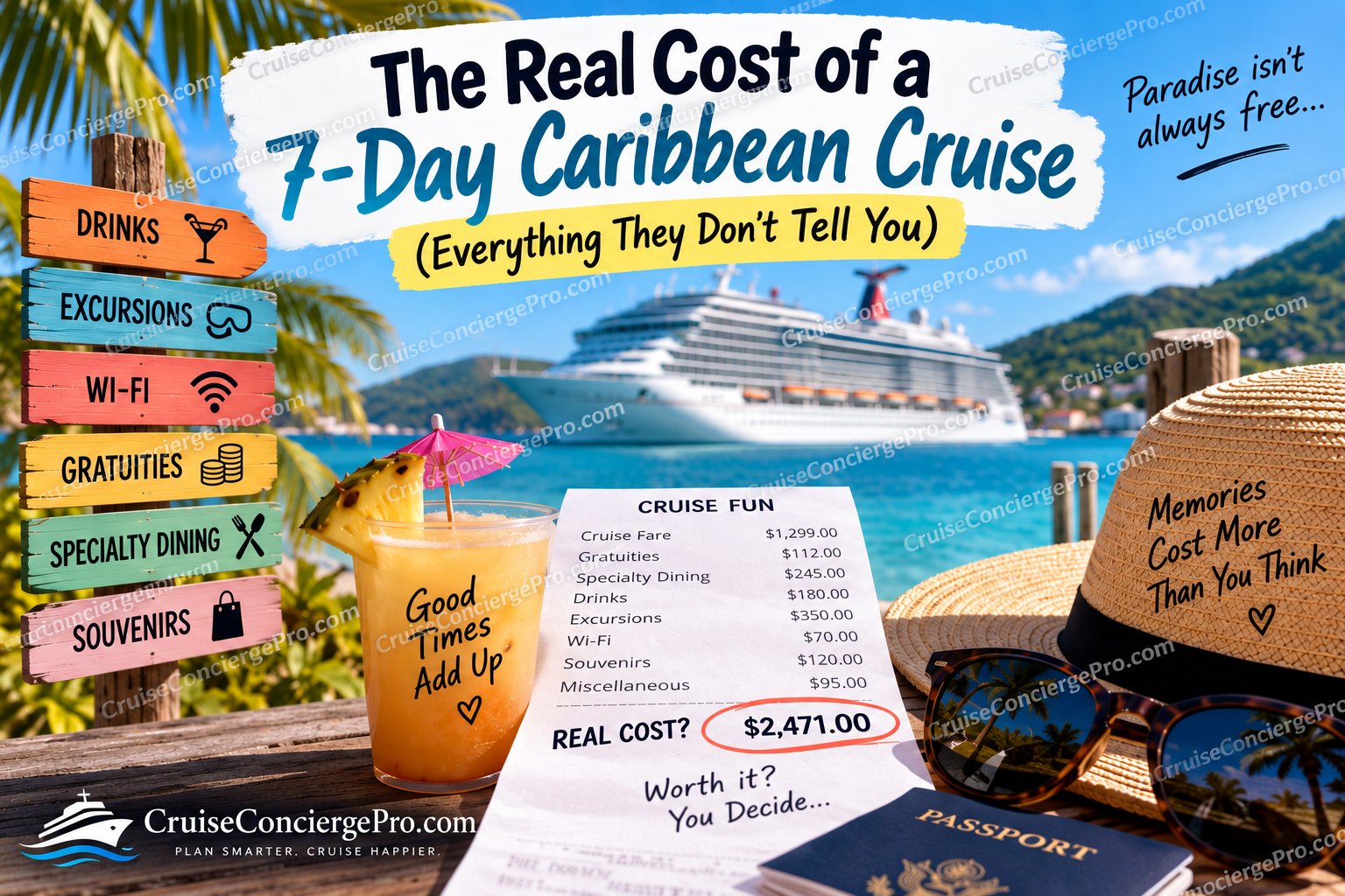 A mock cruise receipt itemizing fare, gratuities, dining, drinks, excursions, wifi, and souvenirs, totaling $2,471, set against a Caribbean cruise ship in port